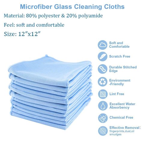 AIVS Microfiber Glass Detailing Cleaning Cloths-10 Pack (12" x 12")-Streak Free-Lint Free-Quickly Clean Windows,Mirrors,Windshield, Computer Screen,TV Tablets and Dishes