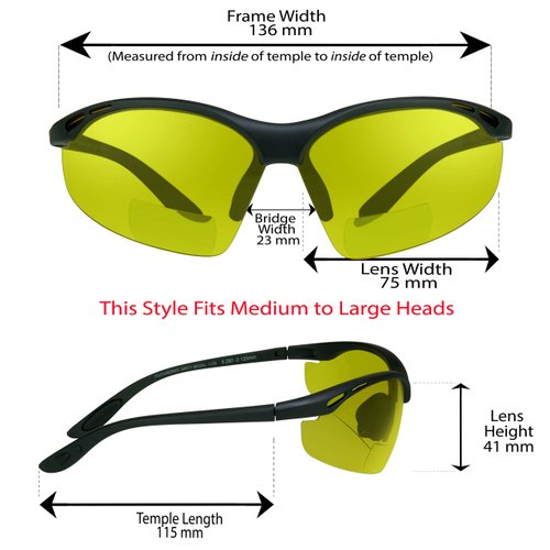 ANSI Z87.1 Motorcycle Yellow Bifocal Safety Glasses 2.50 for Men and Women. Half Framed Wraparound Style. Free Hard Case & Sunglass String
