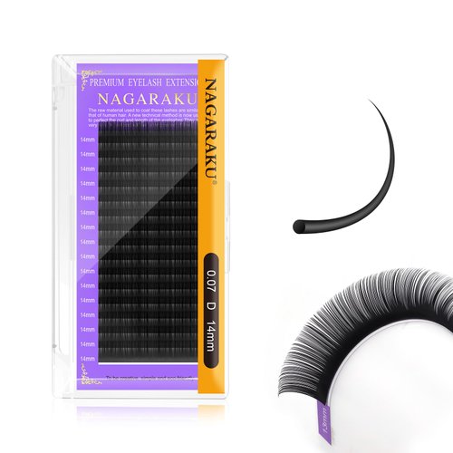 NAGARAKU Eyelash Extensions Individual Lashes 0.07mm D curl 14mm Classic Matte Black Soft Natural Professional 16 rows Beauty Salon Supplies