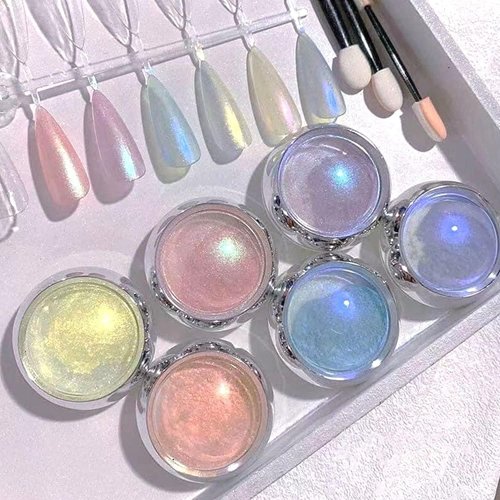 6 Jars Mermaid Chrome Nail Powder Aurora Nail Glitter Metallic Mirror Effect Pigment Iridescent Dust Nail Art Powder for Women Girls Nail Art Supplies Chrome Gel Nail Polish Nail Decoration