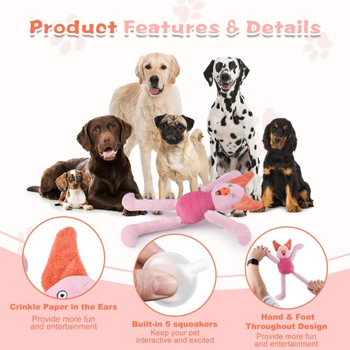 PAWSPURR Squeaky Dog Toys, Soft Plush Stuffed Dog Toy with Crinkle Paper, Indestructible Dog Chew Toys for Aggressive Chewers (Longhand Pig)