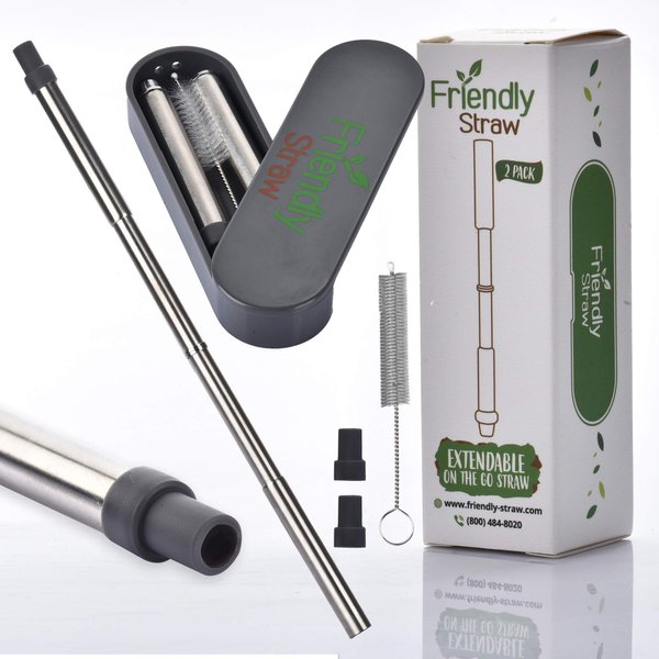 Friendly Straw Collapsible Straws Reusable with Case - Telescopic Travel Straw with Silicone Mouthpiece, Case and Cleaning Brush (2 Pack)