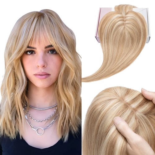 Elailite Human Hair Toppers for Women with Thinning Hair Clip in Bangs V3.0 Real Hair Pieces for Top Hair Loss Gray Fine Hair 10 Inch 36g #12 Golden Brown mix #613 Bleach Blonde