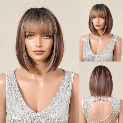 Tumhorn Brown Bob Wigs with Bangs Short Straight Brown Highlight Wigs for Women Heat Resistant Synthetic Natural Looking Wig