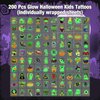 Glow Halloween Tattoos for Kids, 200 PCS Individually Wrapped Glow in the Dark Temporary Tattoos, Luminous Halloween Stickers Party Decorations, Halloween Party Favors Supplies Goodie Bag Fillers