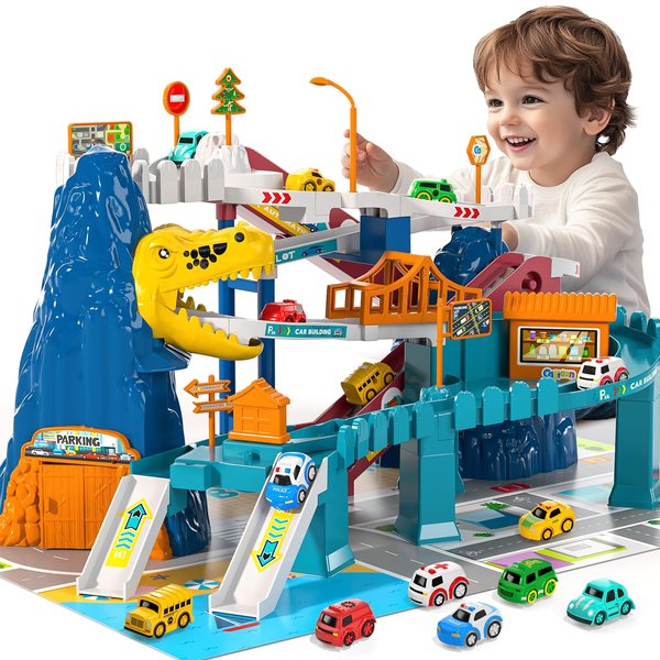 Boys Dinosaur Race Track Playset - Dinosaur Rolling Hill car Track for Kids, Car Ramp Track Toys for 3 4 5 6 7 Year Old Boys, Kids Toys Mountain Track, Mini Car for Kids