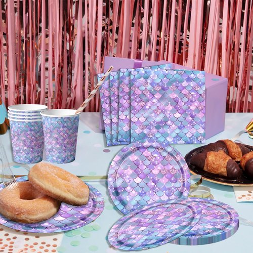 Mermaid Party Tableware Supplies,80Pcs Gray Purple Little Mermaid Birthday Decorations Set Mermaid Party Plates and Napkins Disposable Mermaid Dinnerware for Under The Sea Ocean Theme Party Serve 20