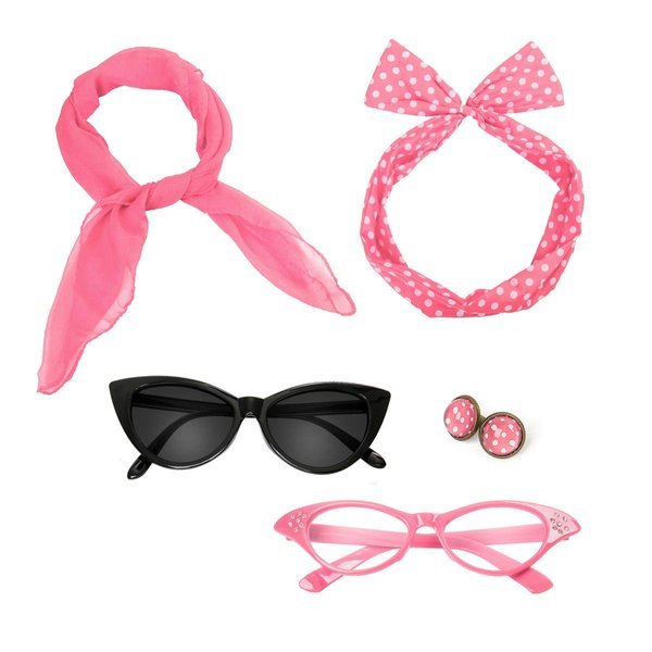 Retro 50's Costume Accessories Set Polka Dot Chiffon Scarf Cat Eye Glasses Bandana Tie Headband & Earrings for Girls Women Ladies Dress Up (Pink)