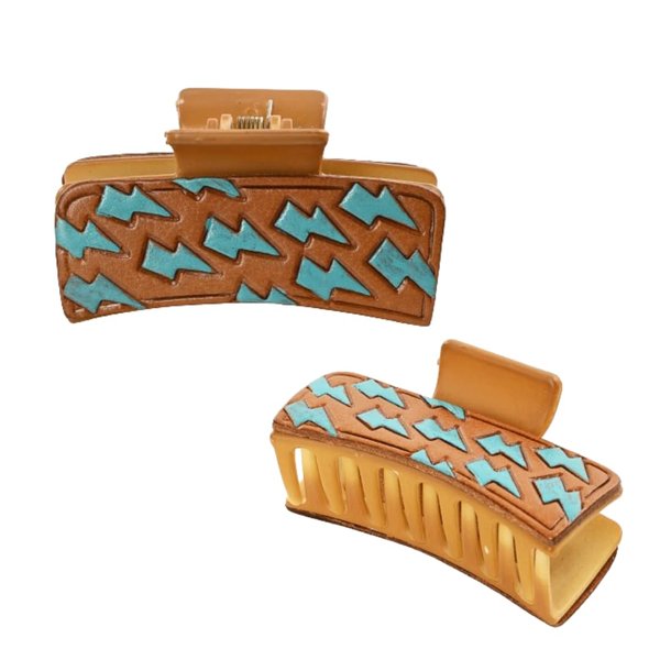 Merbaa Cowgirl Stuff Cowhide Hand Tooled Patch Leather Desert Mirage 3.5" Claw Clip Western Women Hair Accessories for Gifting, Daily Use Easy Hair Styles Claw Clip