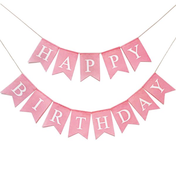 Happy Birthday Banner Pink, Pre-assembled Reusable Imitated Burlap Birthday Banner for Women Girls Pink Birthday Party Decorations