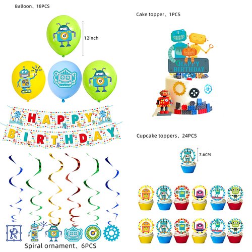 50Pcs Robot Party Supplies Set-Including Happy Birthday Banner,Cake Topper and Cupcake Toppers,Spiral Ornaments,Latex balloons for kid s Boys Robot Theme Party Decoration