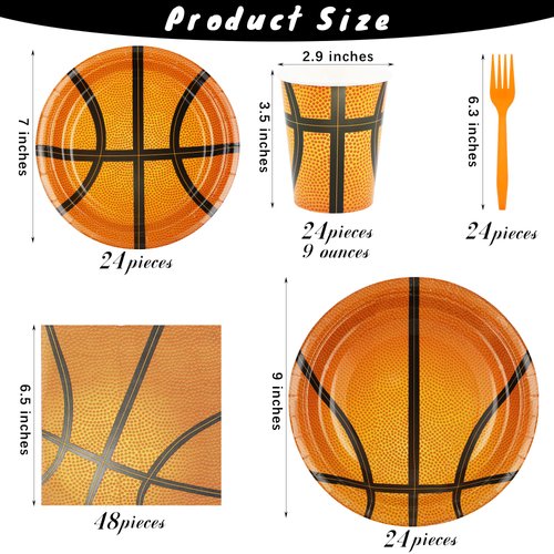 durony 144 Pieces Basketball Paper Plates and Napkins Dinnerware Set Basketball Birthday Party Tableware Supplies Includes Paper Plates Napkins Forks Serve 24 for Sports Basketball Party Supplies