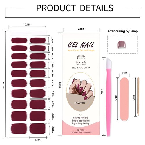 WOKOTO Semi Cured Gel Nail Strips, 20 Pcs Burgundy Red Semi Cured Gel Nail Art Stickers Full Wraps with Nail File & Wood Stick, UV Light Required, Salon Quality, Easy to Apply&Remove