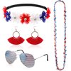 Hicarer 5pcs 4th of July Accessories Set Flower Patriotic Headband American Flag Sunglasses Red White Blue Necklace USA Tassel Earrings Fourth of July Outfits for Women Independence Memorial Day