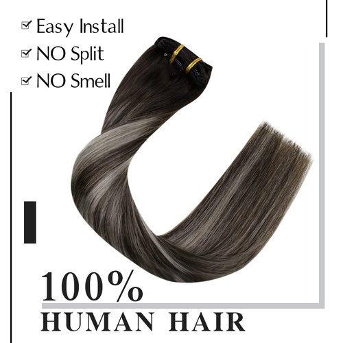 Easyouth Clip in Hair Extensions Ombre Clip in Extensions Real Human Hair Ombre Black To Silver Grey Balayage Clip in Extensions Straight Hair for Women 20inch 120g/7pcs