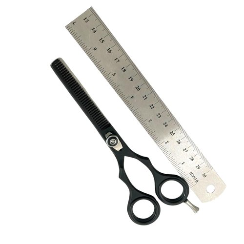 Premium Barber Scissors 6.5" 7.5" 8" Full Black Adjustable Screw Knob Screw-On Finger Rest Curved Finger Rest - German Steel Hair Salon and Barber Scissors (Black-Silver Acc Thinning Shears, 6.5")