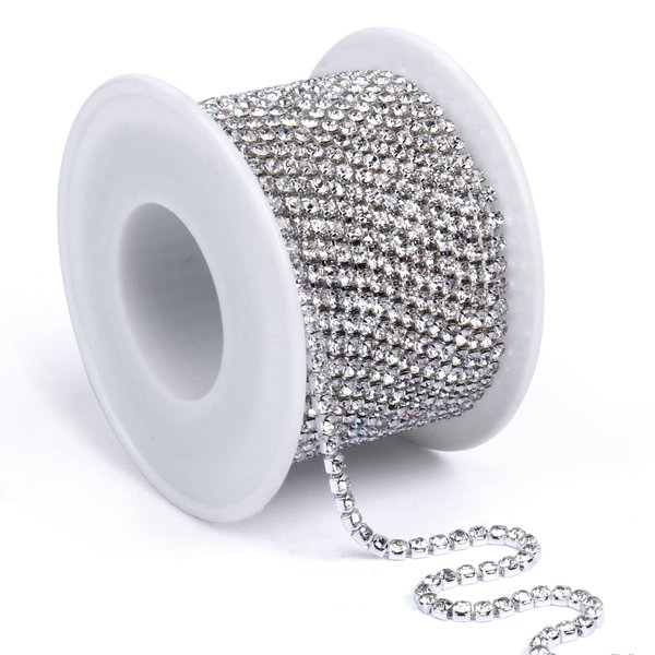 [11 Yards] Crystal Rhinestone Chain, [10M/ 2.5MM] Silver Rhinestone Close Chain Trim, Clear Crystal String Claw Cup Chain for Sewing Crafts, Jewelry Making, Wedding, Party Decoration(SS8.5/2.5MM)