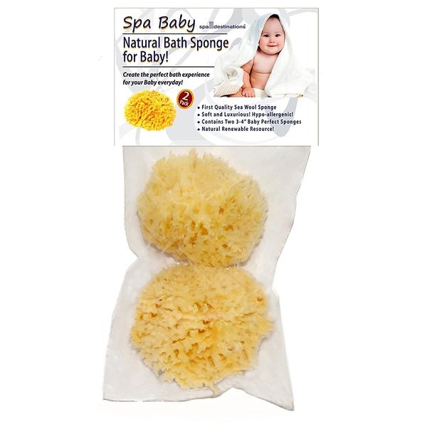 Spa Baby Absorbent Natural Bath Sponge Spa Destinations. Ultra Soft Premium Sea Wool Sponge, Biodegradable, Bath Accessories Baby and Kids, Infant Bath. Two (2) Pack 3-4 inch for Moms