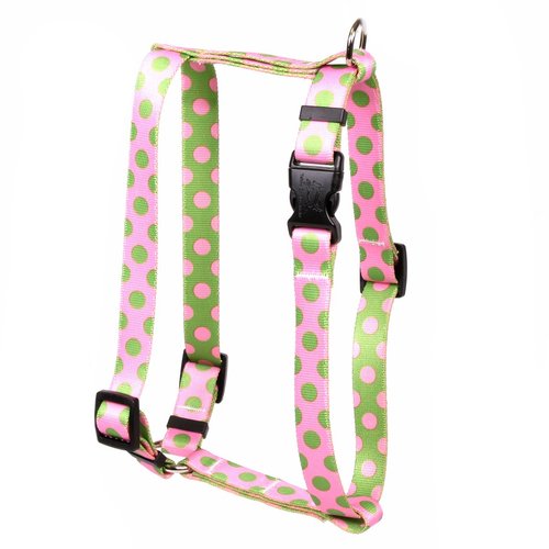Yellow Dog Design Pink and Green Polka Dot Roman Style H Dog Harness-X-Small-3/8 and fits Chest 8 to 14"