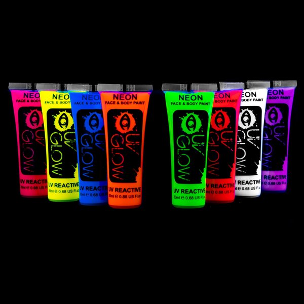 UV Glow Blacklight Face and Body Paint 0.68oz - Set of 8 Tubes - Neon Fluorescent