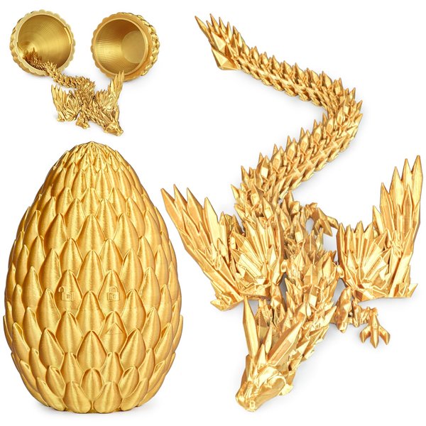 3D Printed Dragon Eggs with Articulated Fly Dragon Inside, Collectible Figurines Fidget Toy for Adults Kids Birthday Easter Christmas White Elephant Gifts for Friends Colleagues(Gold, M size)