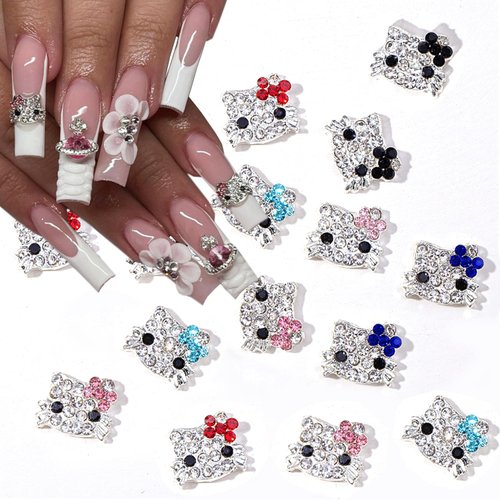 18Pcs Shiny Alloy Nail Charms Kawaii 3D Nail Art Supplies Silver Nail Rhinestones for Acrylic Nails Cute Cat with Colorful Bow Exquisite Design Cartoon Nail Jewels for Nail Art Decorations