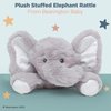 Bearington Baby Lil’ Spout Rattle: 8-Inch Plush Stuffed Gray Elephant Rattle, Shaker Toy with Soft Plush Fur, Floppy Ears and Satin Bow; for Baby Shower or First Birthday