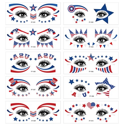 July 4th Decorations Face Tattoos Patriotic USA Flag Star Temporary Tattoos Facial Makeup Sticker for Women Kids Independence Day Red White and Blue Party Tattoos Sticker -10 Sheets
