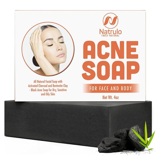 Natrulo Acne Soap Cleansing Bar for Face & Body – Black Activated Charcoal Soap with Bentonite Clay for Dry, Sensitive & Oily Skin – Black Acne Facial Cleanser for Pimples & Scars Made in USA