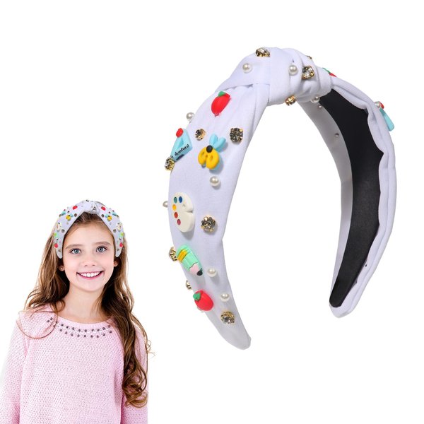 HAKJXOS Back to School Headband Knotted Headbands Apple Pencil Rhinestone Pearl Headbands for Women White Headbands Cute Hair Accessories for Girls Jewel Headbands for Girls Kids 1Pcs (White)