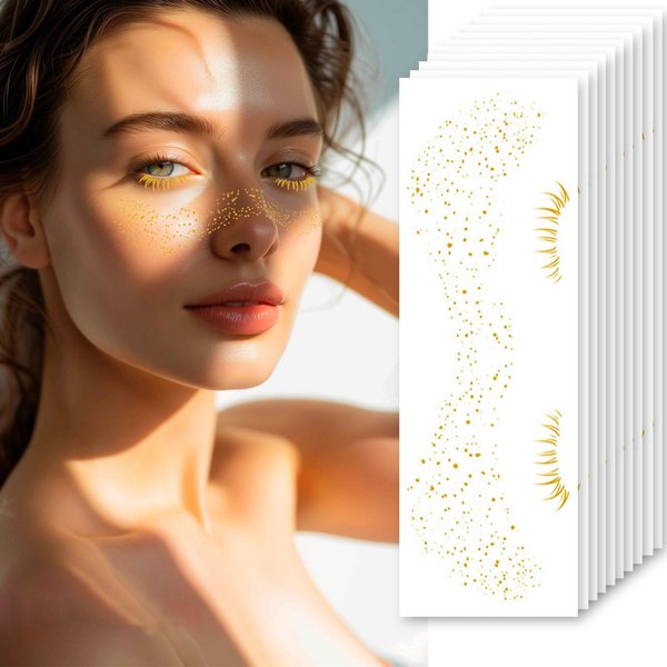 10 Pcs Glitter Freckles Face Tattoo Gold Freckle Temporary Tattoos | Waterproof Freckle Makeup Patches Gold Foil Faux Freckles Face Glitter Tattoos for Women Eye Face Accessories
