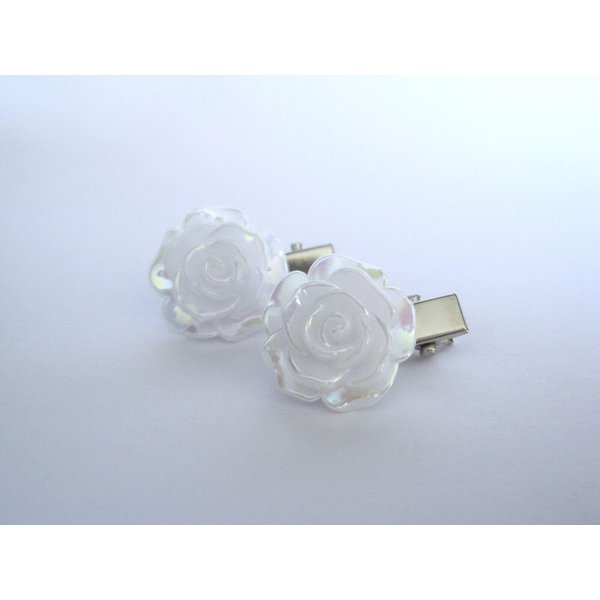 Generic 2 small pearly white iridescent flower alligator hair pin clips for fine thin