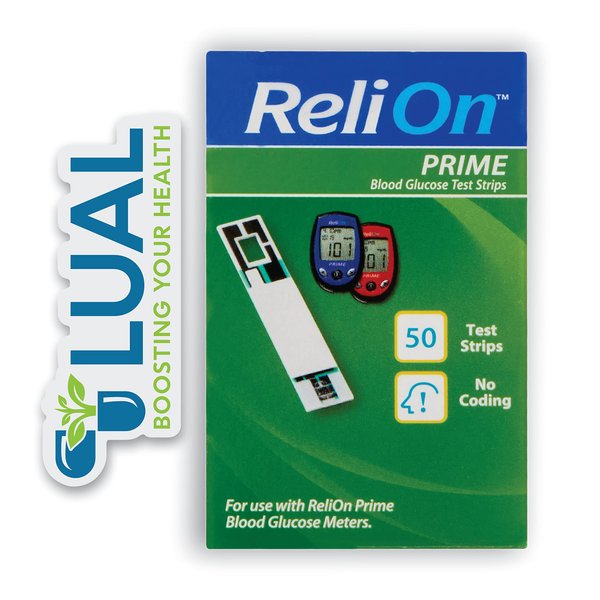 Prime Test Strips. Includes Luall Sticker + ReliOn Prime Blood Glucose Test Strips (50 Test Strips)