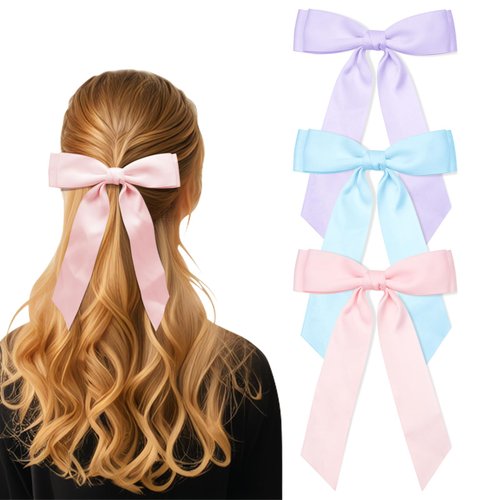 3Pcs Hair Bows for Women Pink Purple Blue Double-Layer Long Tail Bow Hair Clip Hair Ribbon Coquette Bow Barrettes Hair Accessories Gift for Girls Toddlers
