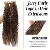 Tape in Hair Extensions Jerry Curly Human Hair Tape in Extensions Curly Remy Hair Tape ins Extensions 16 Inch Chocolate Brown Highlighted Caramel Blonde Tape on Extensions 20pcs 50g