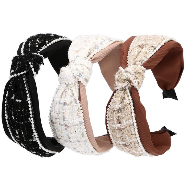 NARUNING 3 Pcs Wide Women's Fashion Headbands, Knotted Headband, Non Slip Head Hoop,Pearl Cloth Hair Band, for Girls Hair Accessories (Style B)