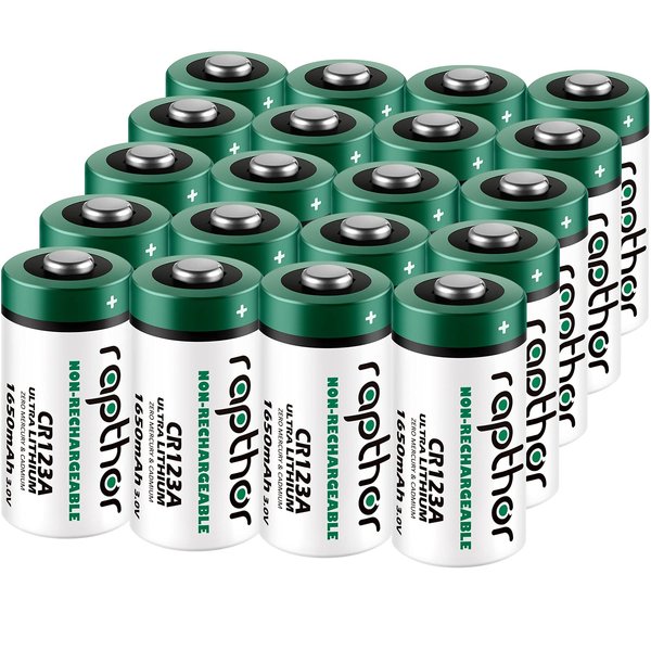 rapthor CR123A Lithium Batteries 1650mAh High Power UL Certified 3V Non-Rechargeable Battery with Built-in PTC for Flashlight Toys Alarm System Microphones (Not for Arlo) (20pack)