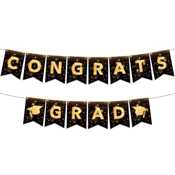 YQUQWN, Congrats Grad Banner, NO DIY Graduation Banner 2024 Congratulations Banner, Black and Gold Graduation Decorations 2024 Graduation Party Decorations 2024 Class of 2024 Decorations