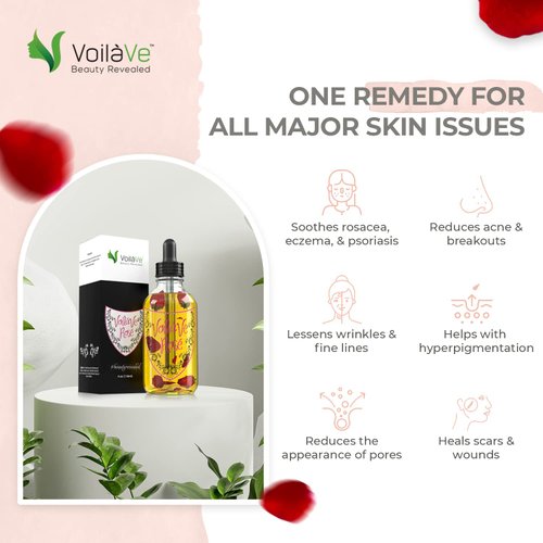 VoilaVe Organic Rose Multi-Use Oil, Moisturizer for Face, Body, Hair - Vitamin E, Sweet Almond Oil Blend - Dry Skin, Scalp, Nail Care - Infused with Rose Petals & Bergamot Essential Oil - 4 Fl Oz