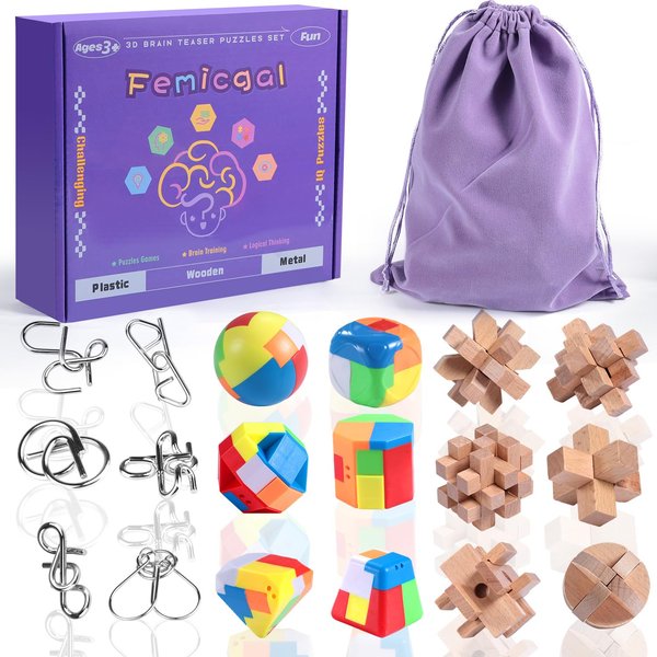 Femicgal Brain Teaser Puzzles for Adults and Kids, 18Pcs Puzzle Games Set, 3D Wooden Plastic Metal Puzzle, Unlock Interlock Mind Brain Games, IQ Test Educational Toy