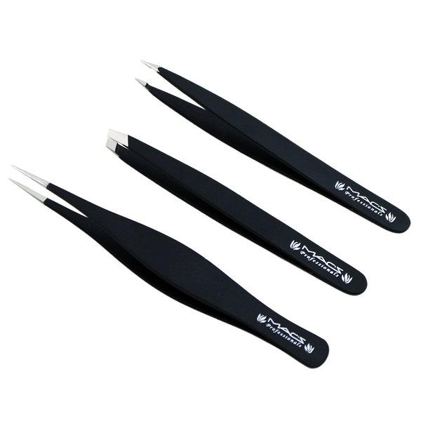 MACS TWEEZERS SET;- for Eyebrow Plucking, Ingrown Hair -Best for Eyebrow Hair, Facial Hair Removal - Stainless Steel Precision Sharp- Pointy Ends Meet Perfectly. (3 PCs Black Tweezers Set)