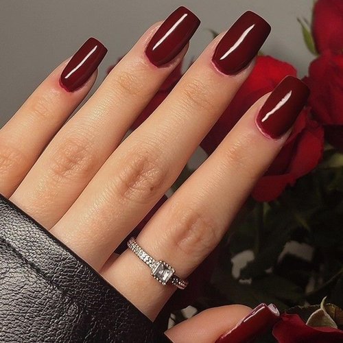 GLAMERMAID Red Press On Nails Medium Square, Handmade Jelly Soft Gel Fake Nails Set, Deep Burgundy Short False Nail Dark Red Stick on Nails, Reusable Acrylic Black Glue on Nail Kit for Women Girl Gift