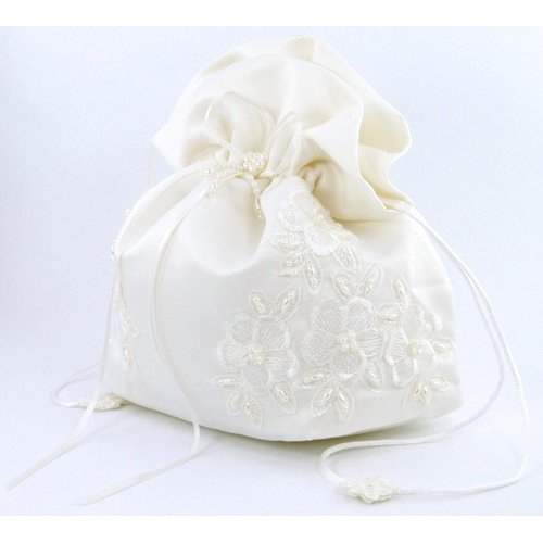 Satin Bridal Wedding Small Money Bag with Pearl-Embellished Floral Lace for Dollar Dance, Bridal Purse, and Other Special Occasions #E1DEDBiv (IVORY)
