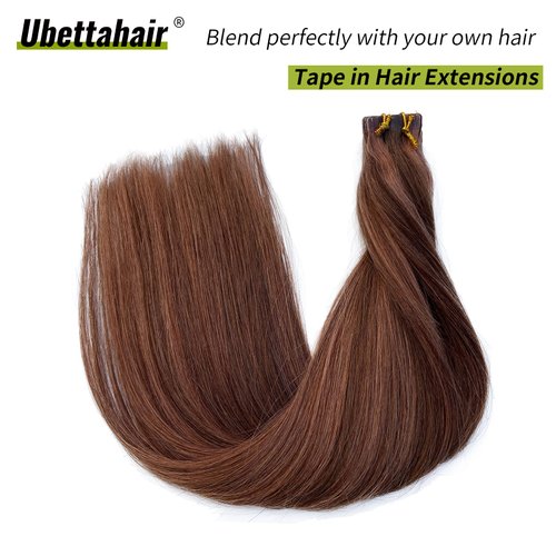 Tape in Hair Extensions Real Human Hair 20 Pieces Double Sided Tape in Hair Skin Weft Invisible Remy Hair Extensions Tape on Brown to Auburn Brown Highlights Remy Hair Extensions Tape ins 14Inch 30G