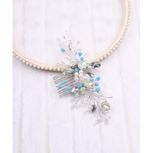 Aimimier Bridal Crystal and Pearl Hair Comb Blue Opal Back Comb Bohemian Wedding Headpiece Prom Party Festival Hair Accessories for Women