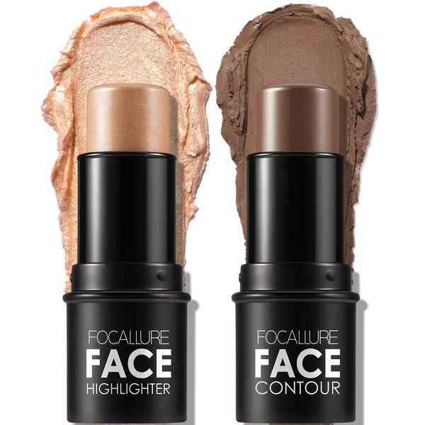 FOCALLURE 2 Pcs Mineral Cream Contour Stick,Moisturize Highlighter and Bronzer Pen,Non Stick Face Brightens & Shades Pencil,Long Lasting & Smooth Gliding Face Illuminator Makeup (Deep)