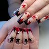Press on Nails Long Length Black Red Stars False Nails Ballet Shaped Nails Artificial Acrylic Nails Rhinestones Design French Fake Nails Full Cover Reusable Coffin Nails Glue on Nails for Women 24Pcs