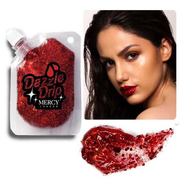MERCY LONDON Dazzle Drip Red Glitter Gel. Chunky Glitter Gel for Hair, Eye and Body. Cosmetic Grade Glitter in Pouch