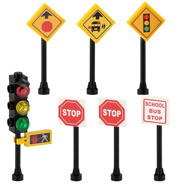 Road Signs & Traffic Lights Building Bricks Play Set Toys Living Traffic Toy Signs for Kids-Building Toys City Street Village, 7 Piece Educational Learning Gift