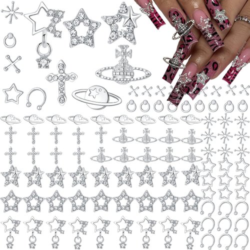 PREMIUM 110PCS Nail Charms, Silver Nail Charms for Acrylic Nails,Silver Star Planet Cross Alloy Nail Art Decoration, Manicure Craft DIY, Y2k Nail Charms Jewels Accessories for Nail Art Supplies